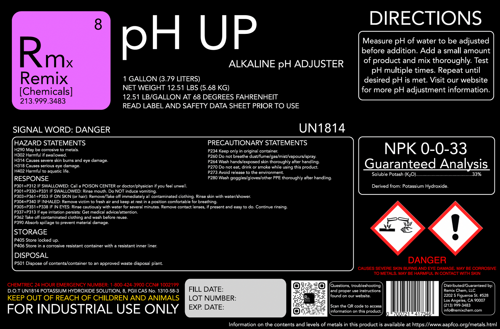 pH UP PH ADJUSTER POTASSIUM HYDROXIDE